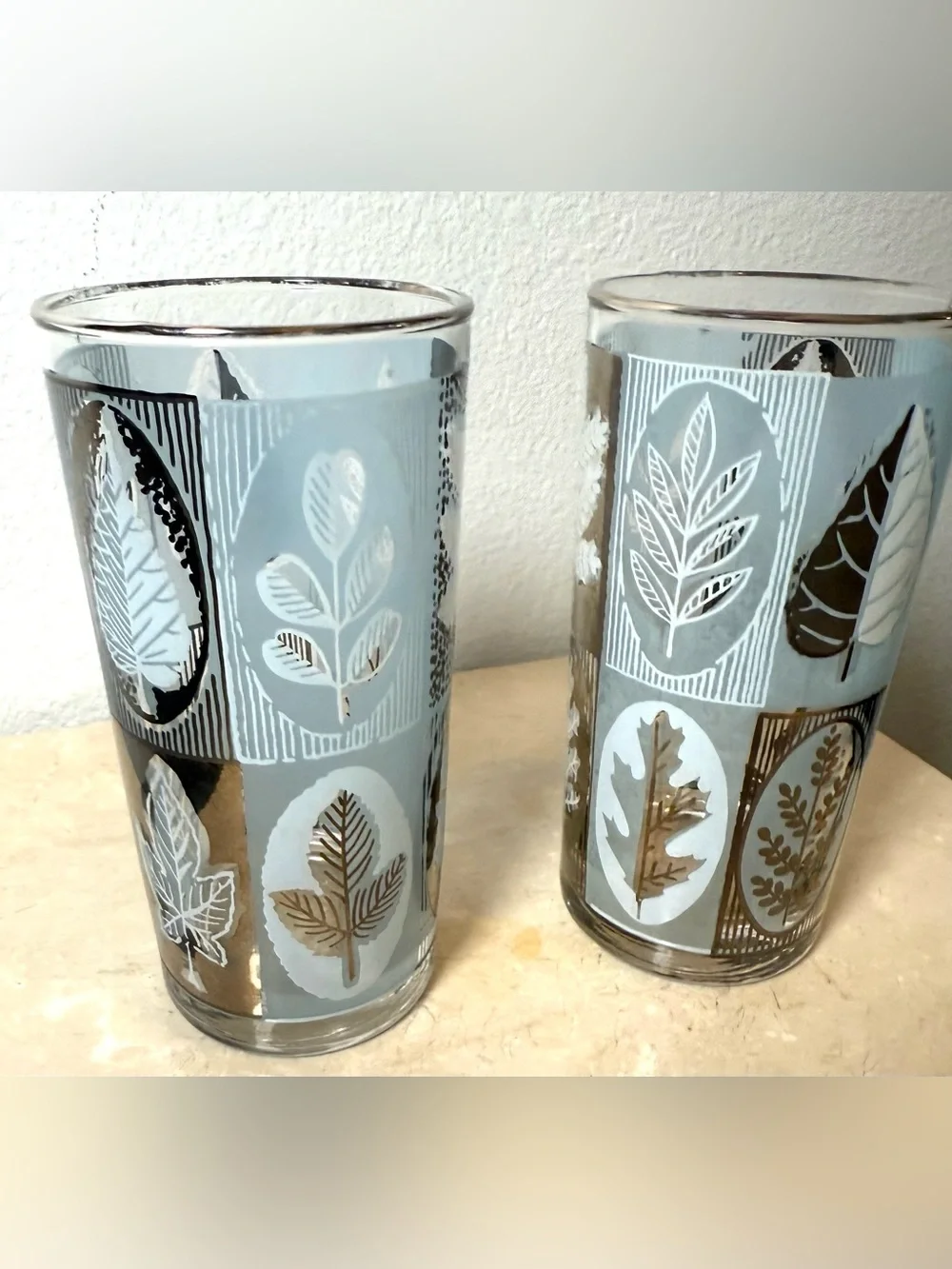 2 MCM Libbey Riviera Highball, Blue Frosted Silver Leaf Foliage Cocktail glasses